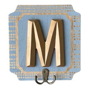 Baby Blue and Gold Letter M Initial Key Holder Hook Plaque Sign Wall Decor